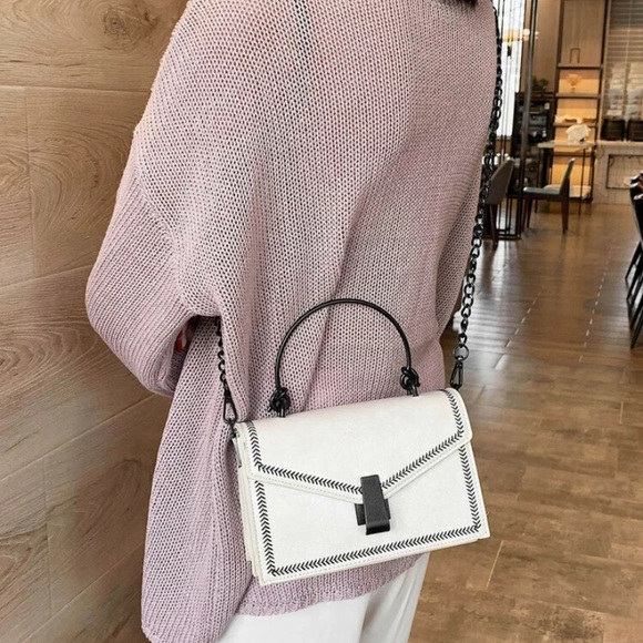 Black and White Flap Satchel Crossbody Bag - Picture 5 of 6